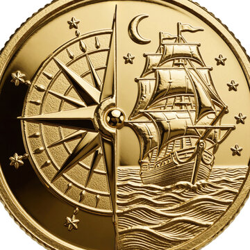 Gold coin with detailed engravings of sailing ship, compass rose. Antique treasure coin features celestial moon, stars above ocean waves. Nautical metal object shows maritime navigation theme for