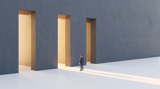 A solitary man in a suit stands before three doorways, contemplating his choice. The doorways are illuminated from within, casting long shadows across the stark, modern floor
