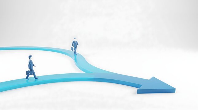 Two businessmen walking in opposite directions on a diverging blue arrow path. One man is walking left, the other man is walking right, signifying a choice or divergence in path