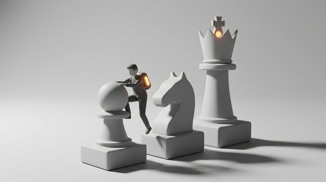 A miniature person with a backpack climbing a pawn chess piece, surrounded by a knight and a king chess piece, symbolizing strategy and challenge