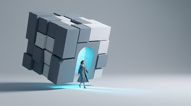 A woman wearing a coat walks towards an illuminated doorway on a large, abstract cube made of interlocking blocks. The cube appears to be tilted, creating a sense of mystery and wonder.