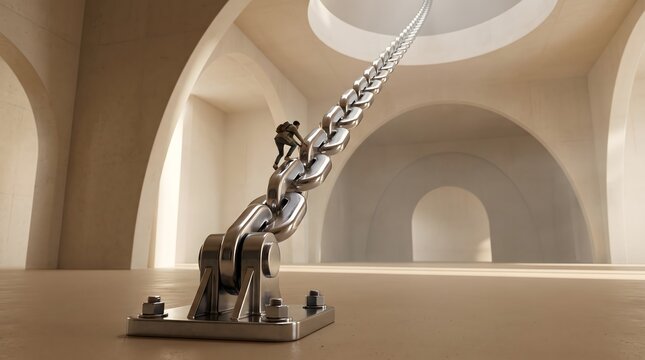 A miniature figure climbing a colossal, thick metal chain in an immense, curved, bright hall. The chain stretches upwards towards a distant apex.