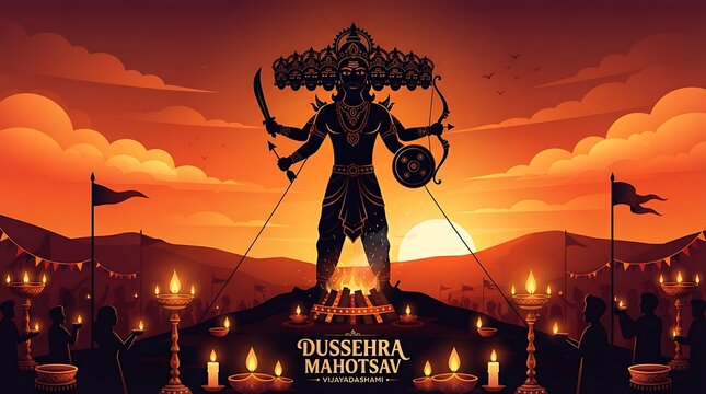 Ravana effigy silhouetted against a glowing sunset with festive lamps in the foreground, minimal text, dramatic flat vector design
