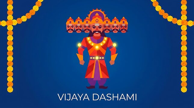 Ravana effigy silhouetted against a glowing sunset with festive lamps in the foreground, minimal text, dramatic flat vector design