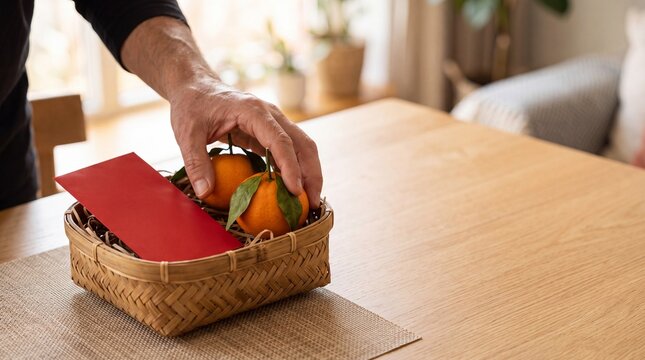 A hand places fresh mandarins into a small woven gift basket beside a red envelope on a wooden table. The citrus fruits retain green leaves and the simple festive arrangement leaves open space on the.