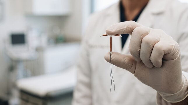 Copper IUD held by medical professional in glove, intrauterine device for birth control and contraception, gynecological healthcare in clinical setting