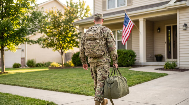 Military service member wearing a uniform and carrying a large backpack and duffel bag walks up the driveway toward a suburban house  