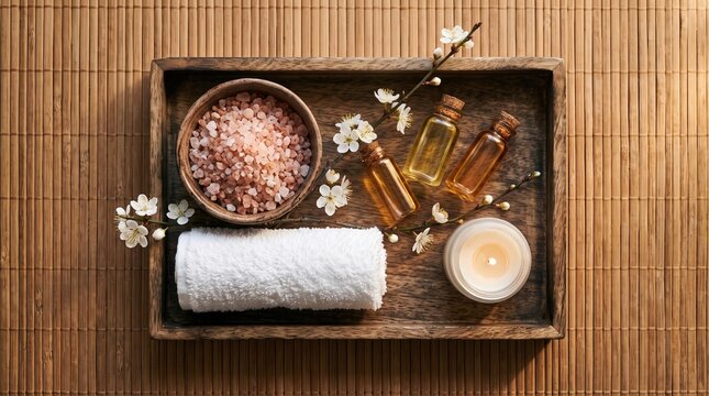 Natural spa treatment arrangement with pink sea salt, essential oils and white flowers, zen wellness concept for massage and aromatherapy.