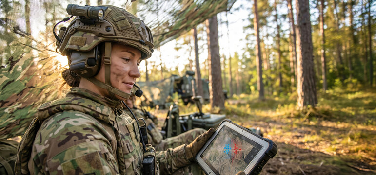 Female soldier wearing protective camouflage uniform and helmet monitors battlefield data on a handheld device within a wooded environment during daytime operations