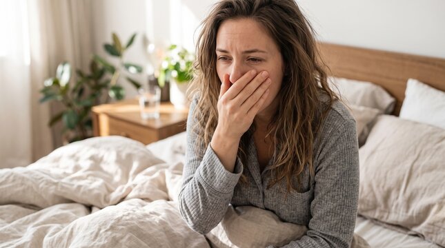Sick woman sitting in bed with messy hair, exhausted young female feeling unwell in the morning, tired woman covering mouth while coughing or yawning
