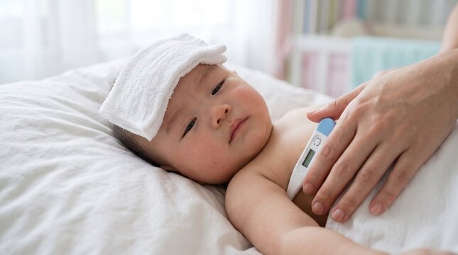 Sick infant with high fever lying in bed, mother taking temperature with digital thermometer, baby with wet towel on forehead, pediatric healthcare
