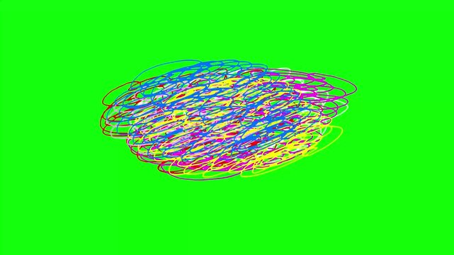 Color lines doodle crazy cloud on green screen. Isolated cartoon linear smoke comic animation video movie 4k preset element 4k. In and out beginning and end seamless loop.