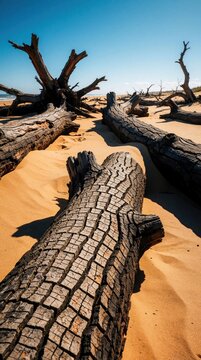 Charred logs, burnt timber lie on sandy beach shoreline. Scorched wood trunks with cracked texture scatter across desolate coast under blue sky. Natural decay, weathered driftwood create dark