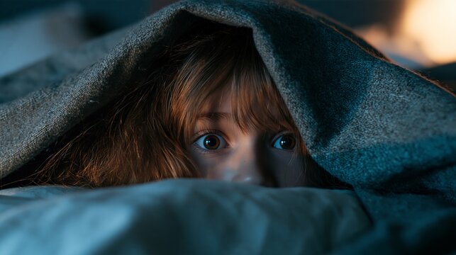 Child lying in bed at home, looking frightened while peeking out from under a blanket in dim lighting during a night terror Generative AI