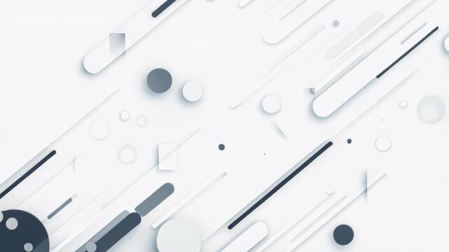 Abstract Geometric Pattern: A clean, minimalist design featuring a dynamic arrangement of rounded rectangles and circles in various shades of gray and white.