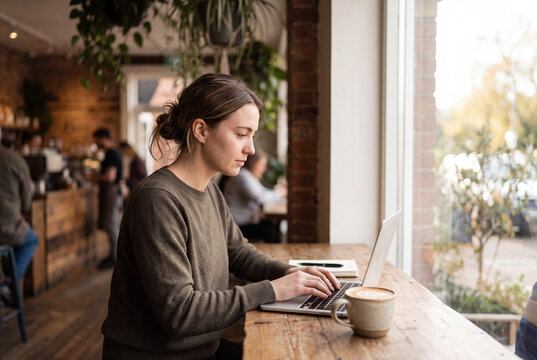 Freelancer working on laptop in cozy caf&eacute; with latte by the window