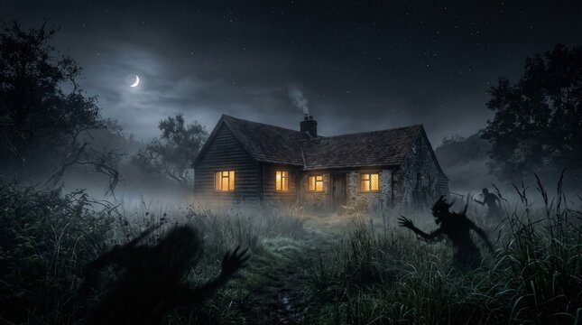 Eerie cottage at night with shadowy figures lurking in the misty fog under a crescent moon focus on halloween