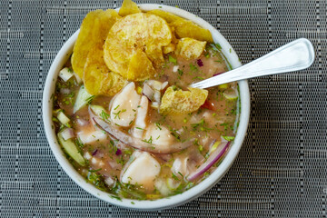Traditional Ecuadorian fish ceviche served in a white bowl with crispy plantain chifles on top © Yessstockphoto