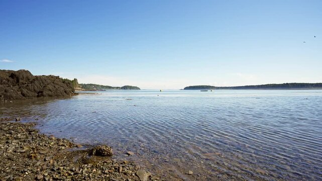 Clear shallow coastal waters rippling over a pebbled shoreline along Passamaquoddy Bay in Deer Island, New Brunswick.