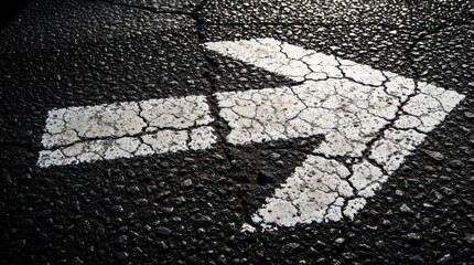 Fototapeta premium White arrow sign painted on dark asphalt road. Directional symbol on cracked pavement surface. Wayfinding mark for traffic flow walking path. Ground level view of road marking shows weathered
