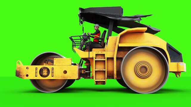 Road Construction Roller Racing at Extreme Speed on Green Screen, Blowing Fabric and Animated Rollers.