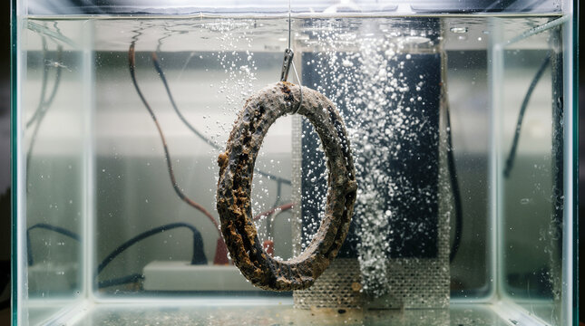 Electrolytic rust removal and restoration of heavily corroded antique iron artifact submerged in an electrolysis bath with bubbling chemical reaction