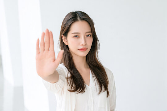 手のひらを前に出して拒否やストップを示す女性
