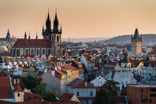 View of the Church of Our Lady before Tyn rising above the historic rooftops and buildings of the Old Town in Prague, Prague, Czechia.