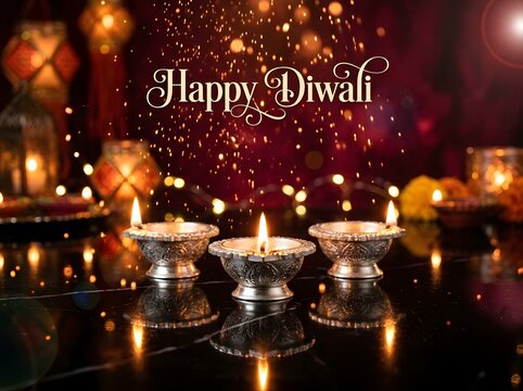 Happy Diwali greeting with three silver diyas on black marble, colorful lanterns, marigolds and glowing sparks