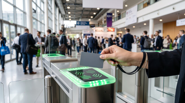 Close-up of hand holding contactless RFID access card on turnstile reader to enter crowded modern business conference or exhibition hall   
