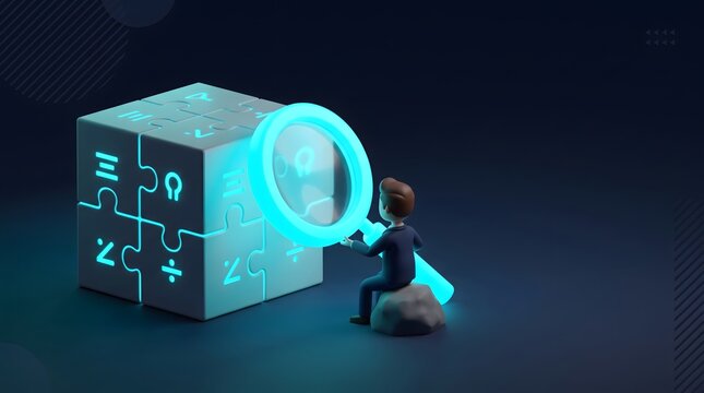 A stylized 3D rendering of a small person sitting on a rock and examining a glowing cube with symbols on its sides through a magnifying glass.