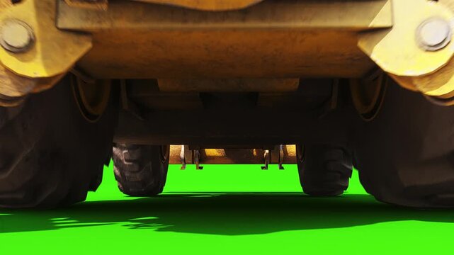 Small Wheeled Backhoe Loader Tractor with Front and Rear Buckets Driving on Green Screen, Animated Construction Machinery.