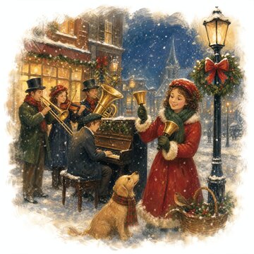 Christmas Bell Ringer Ringing Handbells on a Snowy Street Corner