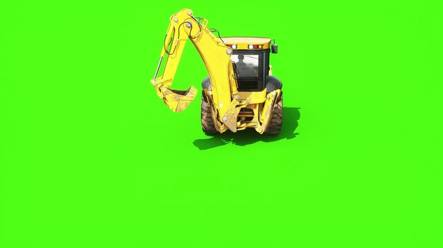 Small Wheeled Backhoe Loader Tractor with Front and Rear Buckets Driving on Green Screen, Animated Construction Machinery.