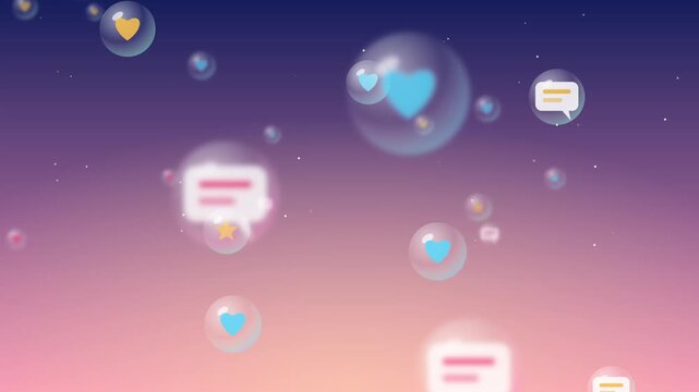 Floating chat bubbles and heart icons inside transparent spheres rising upward in colorful digital animation video loop