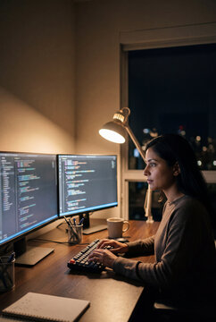 Software developer coding at night with two monitors
