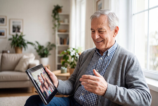 Senior man smiling on tablet video call with family