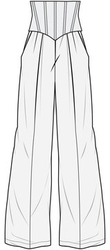 Wide Leg Pant With Corset Waist Fashion Illustration, Vector, CAD, Technical Drawing, Flat Drawing, Template, Mockup.	