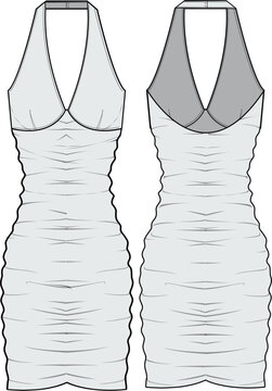 Halter Neck Ruched Dress Fashion Illustration, Vector, CAD, Technical Drawing, Flat Drawing, Template, Mockup.