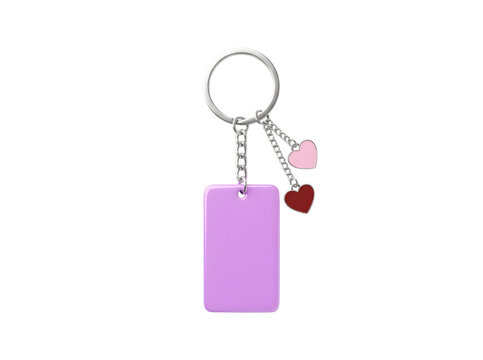 Purple rectangular blank keychain with small heart charms as isolated on transparent background