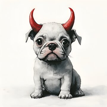 Cute french bulldog puppy with devil horns sitting against a white background