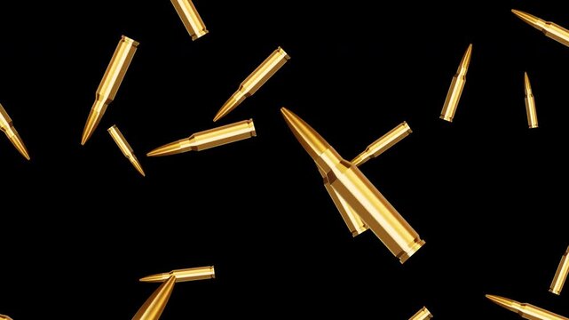 Golden Bullets Falling on a Transparent Alpha Background Animation. Sniper ammo flying. Bullet Rain. Realistic style bullets fall from above. 4K Seamless loop.