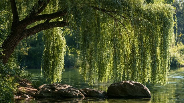 Large weeping willow tree hangs over river water near rocks in a garden landscape on a sunny day Generative AI