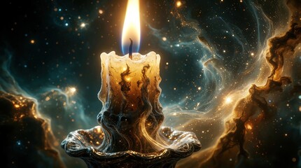 Fototapeta premium Macro close up of magic candle made from cosmic energy. Glowing flame burns bright in deep space nebula. Abstract celestial light waves, star particles float around mystical wax. Fantasy universe