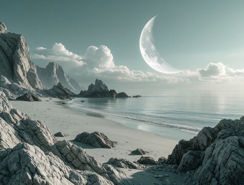 Surreal lunar landscape with large crescent moon in pastel sky. Rocky beach meets calm ocean water under soft clouds. Dreamy coastal scenery with white sand, stone formations creates peaceful alien