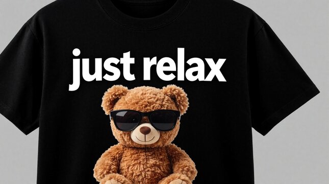 Black t-shirt with teddy bear graphic wearing sunglasses. White text says just relax on casual apparel. Trendy streetwear design for men unisex style. Cute stuffed animal print on cotton shirt for