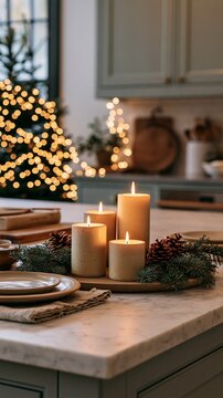 Modern kitchen island with christmas decorations and warm candles creating a holiday scene for product presentation Generative AI