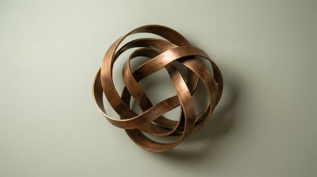 Abstract bronze metal ribbon sculpture hanging on minimalist light green wall background.