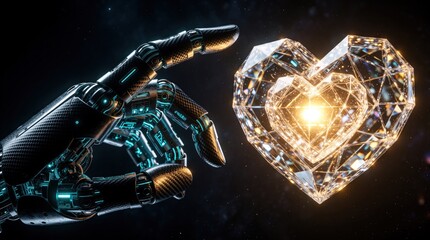 Fototapeta premium Futuristic robotic hand reaches toward glowing crystal heart. Cybernetic bionic arm touches luminous geometric shape in dark space. Artificial intelligence concept shows machine learning emotions