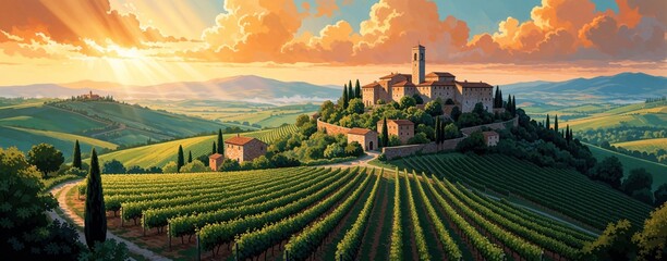 Fototapeta premium Beautiful Tuscany landscape illustration with old village on hill. Green vineyard fields spread across valley under golden sunset sky. Mediterranean countryside scenery with cypress trees, stone